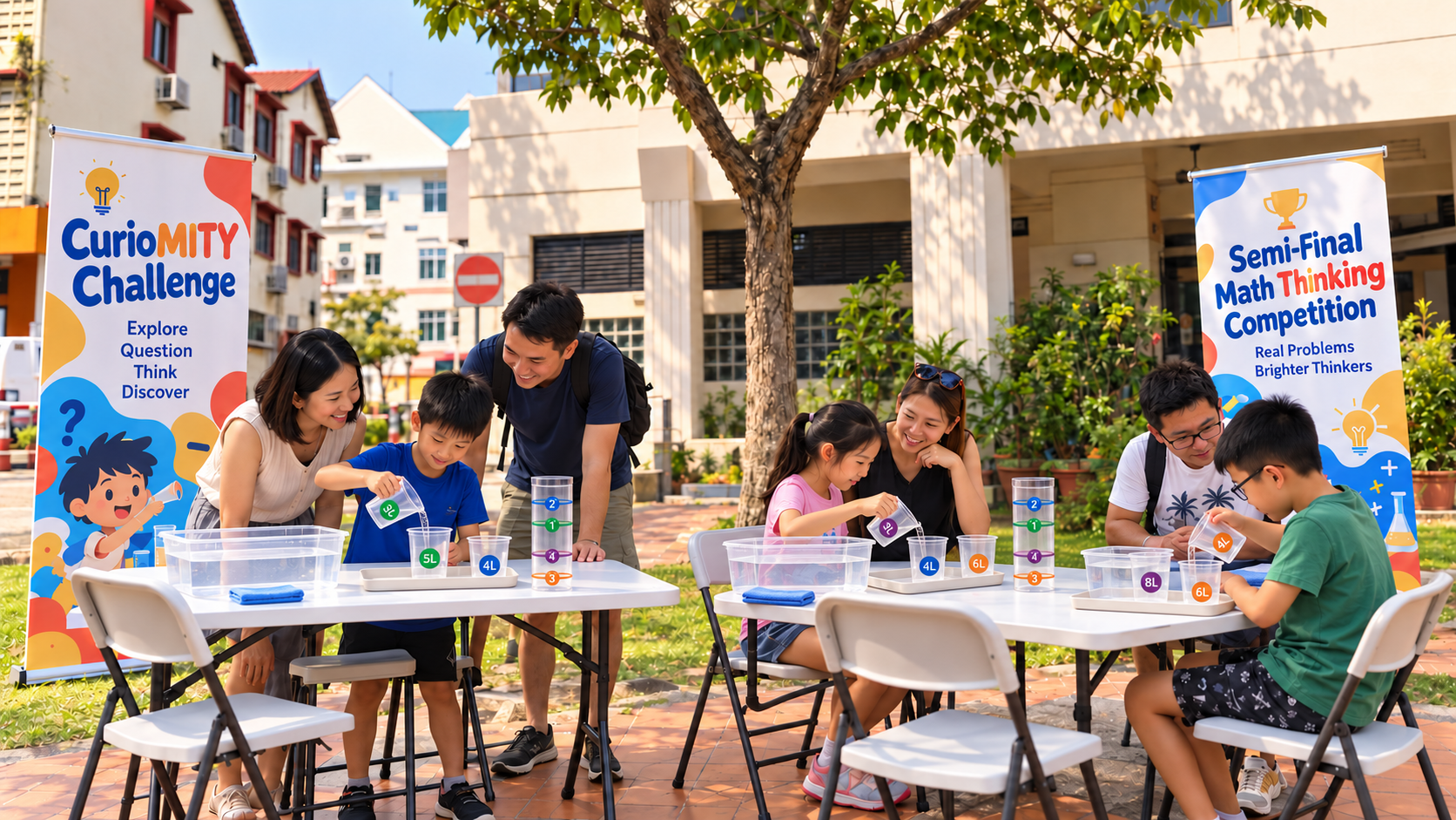 Concept image of three families trying individual water missions at the Joo Chiat booth